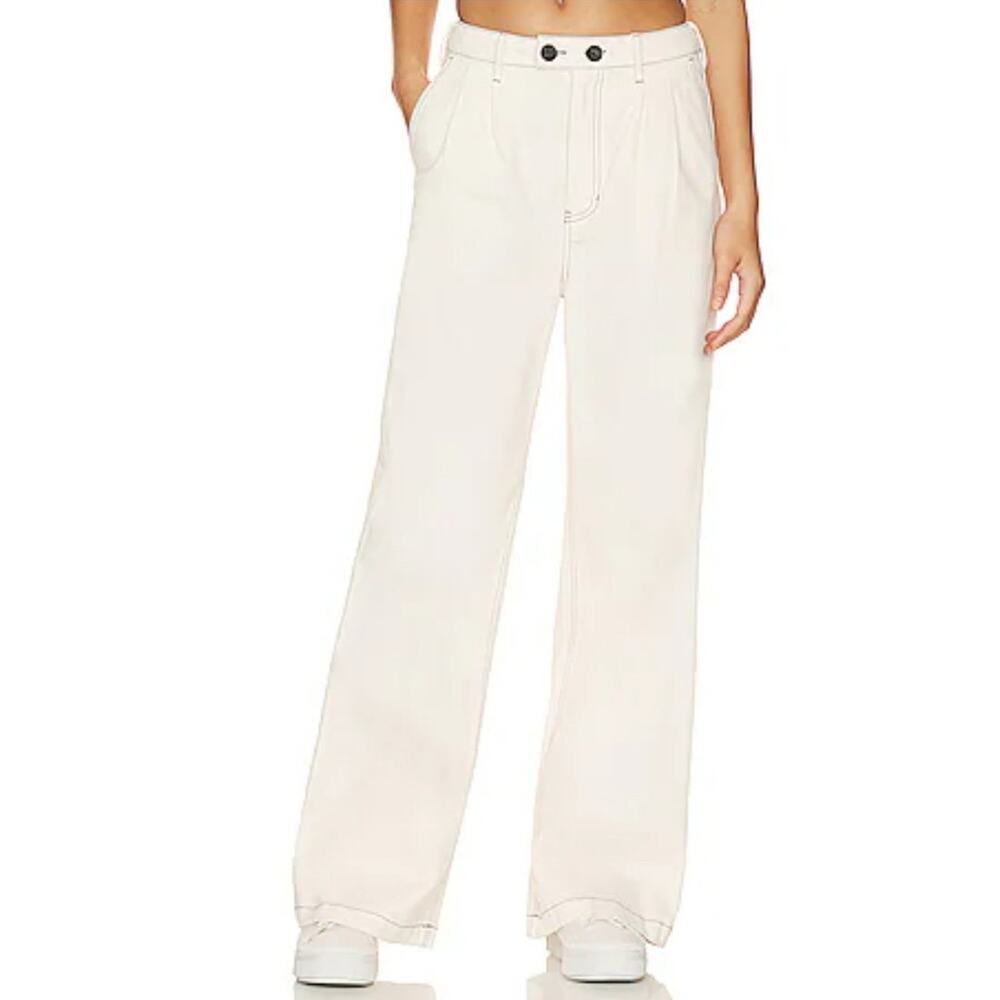 NEW Revolve Monrow $198 Wide Leg Trouser Off White/Navy‎ Stitching size Large
